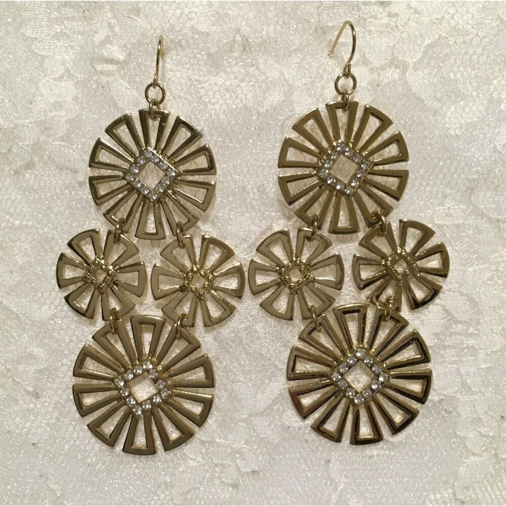Gold tone Large Floral Mod Earrings Rhinestone Accents Chandelier Hook close